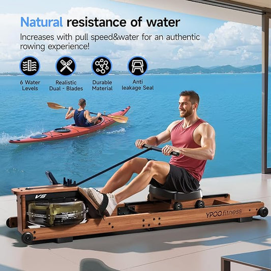 Water Rowing Machine for Home, Foldable Rower Machines with Comfortable Seat and Quick-Folding Design, Wooden Water Rowering with 350LBS Weight Capacity