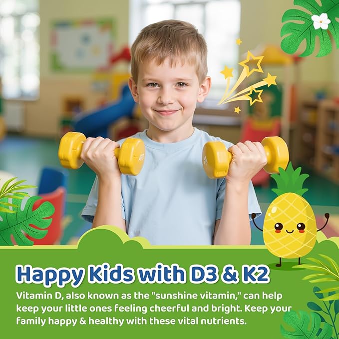 Kids Vitamin D3 K2 Drops, Vitamin D3 K2 (MK-7) Supplement with Calcium for Kids & Adults - Support Healthy Bones & Teeth, Calcium Absorption & Immunity, Sugar Free Pineapple Flavor 2 FL OZ