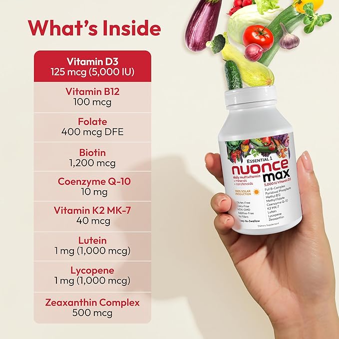 ANDREW LESSMAN Essential-1 nuonce max Multivitamin 5000 IU Vitamin D3 60 Small Capsules. 100 mcg Methyl B12. CoQ10 Lutein Lycopene Zeaxanthin. High Potency. No Additives. Ultra-Mild One Daily Capsule