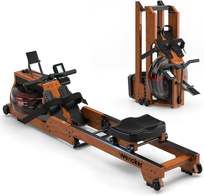 Water Rowing Machine for Home Use, WENOKER Wooden Foldable Rower Machine with Adjustable Monitor & Bluetooth APP, Large Water Tank & Comfortable Seat for Immersive Water Rower, 350LBS Weight Capacity