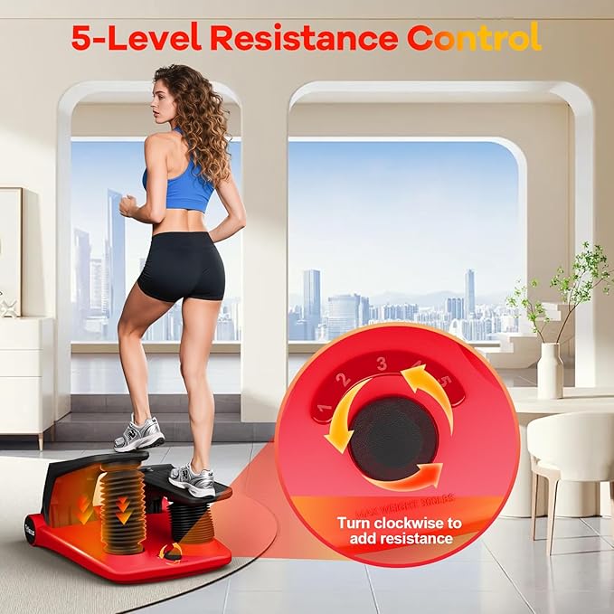 Air Compression Resistance Stepper – Adjustable Mini Stair Climber for Home Cardio Workout, Portable Stepper Machine with LCD Display, Non-Slip Pedals & Resistance Bands (Red and Black)