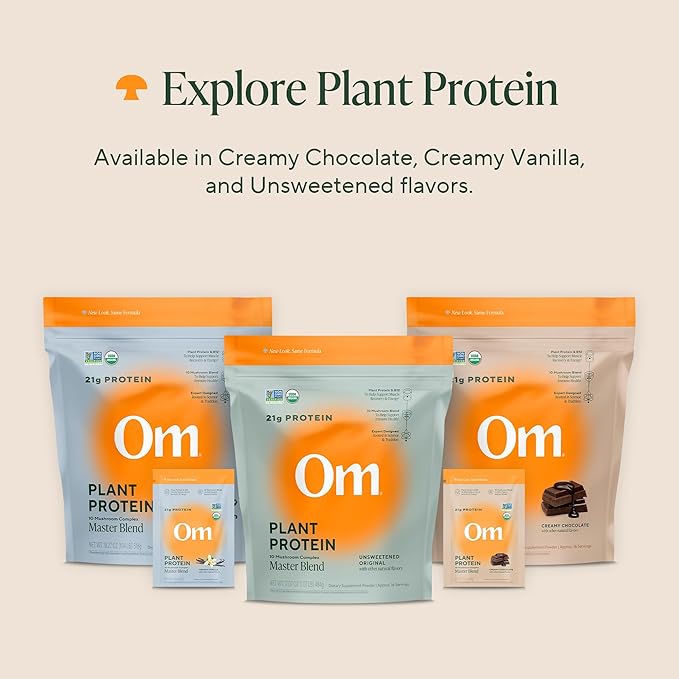 Om Master Blend Vegan Protein Powder, Chocolate, 21g of Plant Protein - Organic Mushroom Supplement with 10 Mushroom Complex, Ashwagandha, BCAAs and Vitamin B12-1.2 lb. (16 Servings)