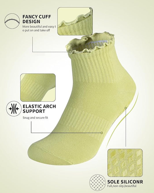 Non Slip Grip Yoga Socks for Women Breathable Cute Ruffle Ankle Socks for Yoga, Pilates, Barre Workouts
