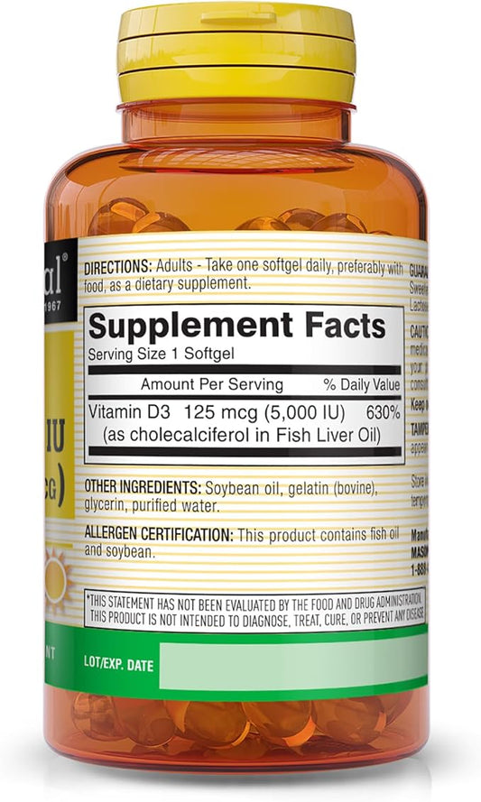 MASON NATURAL Vitamin D3 125 mcg (5000 IU), Supports Bone, Muscle & Immune Health, from Fish Liver Oil, 50 Softgels, Pack of 3
