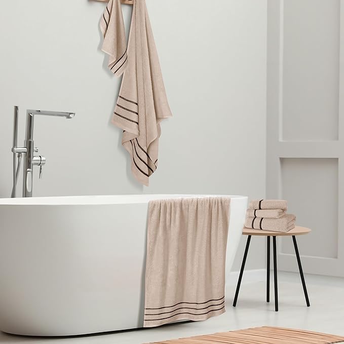 MyOwn Ultra Soft 6 Pack Cotton Towel Set, Contains 2 Bath Towels 28x55 inch, 2 Hand Towels 16x24 inch & 2 Wash Coths 12x12 inch, Ideal Everyday use, Compact & Lightweight - Tan, 71655