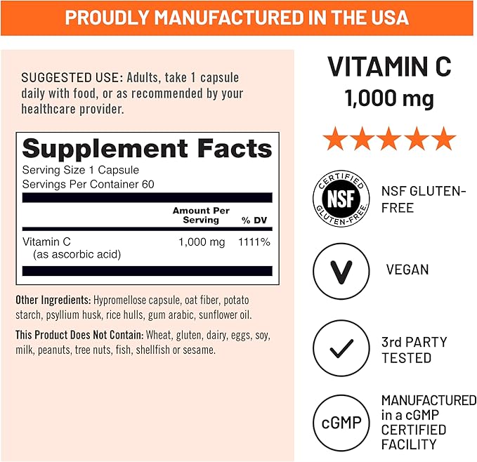 NatureWise Vitamin C 1000mg Capsules - Extra Strength Vegan Vitamin C for Daily Antioxidant & Immune Support - Non-GMO, USA Manufactured - 60 Capsules[60-Day Supply]