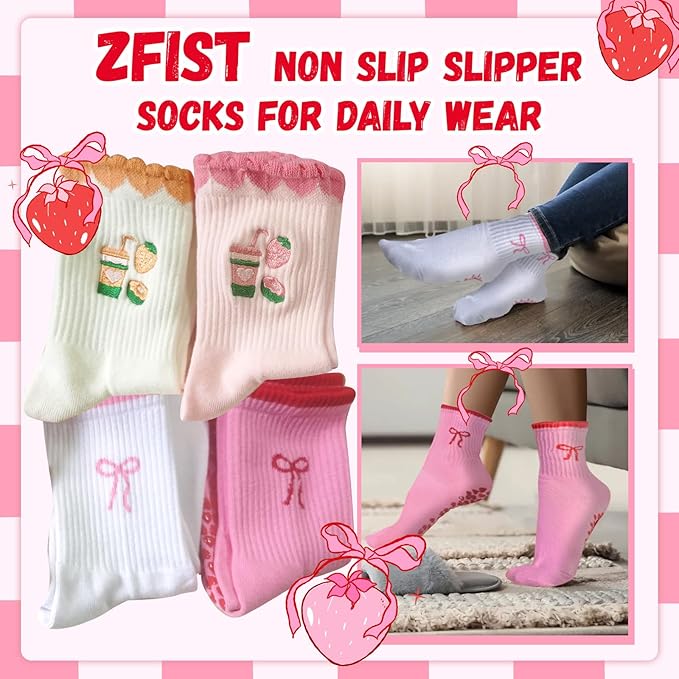 ZFiSt Pilates Socks with Grips for Women,4Pairs Ruffle Yoga Sock Cute Cotton Grippy Socks for Barre Workout Non Slip 5-10in