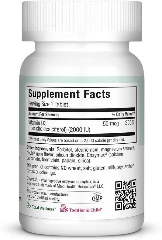 Maxi Health Chewable Vitamin D3 2000 IU Supplement - Delicious Natural Bubble Gum Flavor - Supports Calcium Absorption, Immune and Bone Health in Adult Women, Men, Children & Toddlers - 100 Chews