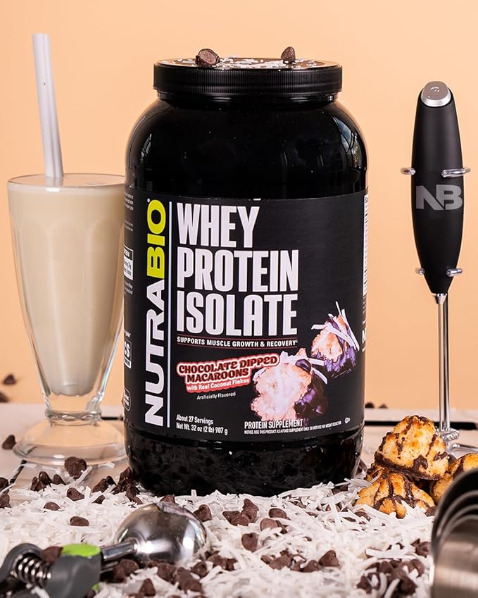 NutraBio 100% Whey Protein Isolate Protein Powder, 25g Protein with Complete Amino Acid Profile, Non-GMO, Soy & Gluten Free, Low Carb, Low Calorie Whey Protein Powder, Chocolate Dipped Macaroon, 2 Lbs