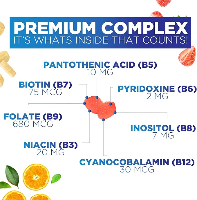 B Complex Supplement Gummies with Vitamin C & Folic Acid, Extra Strength Super Vitamin B Gummy with Niacin, B6, Folic Acid, B12, Biotin, Nature's Energy Immune Support Supplements - 120 Gummies