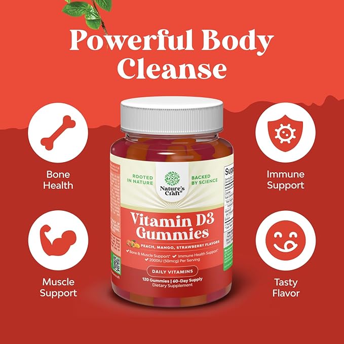 Natures Craft Vitamin D3 Gummies for Daily Wellness - Delicious Vitamin D Gummies for Adults with D3 2000IU per Serving Bone Muscle & Immune Support - Non-GMO Gelatin & Gluten Free (60 Day Supply)