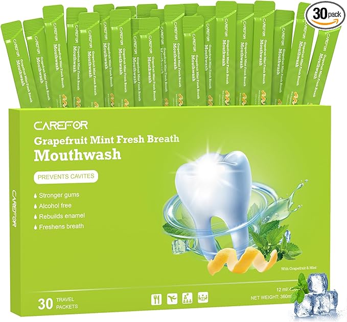 Travel Size Mouthwash Packets – Individual Mini, Alcohol & Fluoride Free, Grapefruit Mint Flavor, Mouthwash to Go for On-The-Go Freshness, Bulk Packets 0.41 Fl Oz