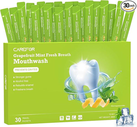 Travel Size Mouthwash Packets – Individual Mini, Alcohol & Fluoride Free, Grapefruit Mint Flavor, Mouthwash to Go for On-The-Go Freshness, Bulk Packets 0.41 Fl Oz