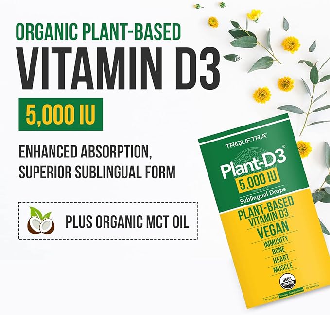 Plant-D3 Organic Vitamin D3 5000 IU - Vegan, Max Strength Sublingual Liquid D3 Drops - 200% Higher Absorption - 100% Plant-Based Cholecalciferol Form - Adjustable Dosing for All Ages (1oz - 2 Pack)
