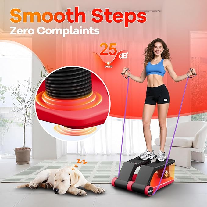 Air Compression Resistance Stepper – Adjustable Mini Stair Climber for Home Cardio Workout, Portable Stepper Machine with LCD Display, Non-Slip Pedals & Resistance Bands (Red and Black)