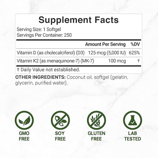DEAL SUPPLEMENT Vitamin D3 5,000 IU + K2 MK7 100mcg Softgels | 2-in-1 Complex with Virgin Coconut Oil | Supports Heart, Bone, Teeth & Immune Health | Easy to Swallow
