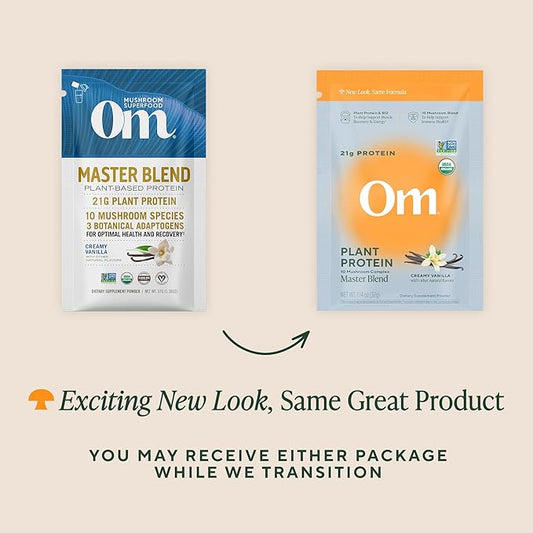 Om Master Blend Vegan Protein Powder, Vanilla, 21g of Plant Protein - Organic Mushroom Supplement with 10 Mushroom Complex, Ashwagandha, BCAAs and Vitamin B12 - Single Serve (10 Count)