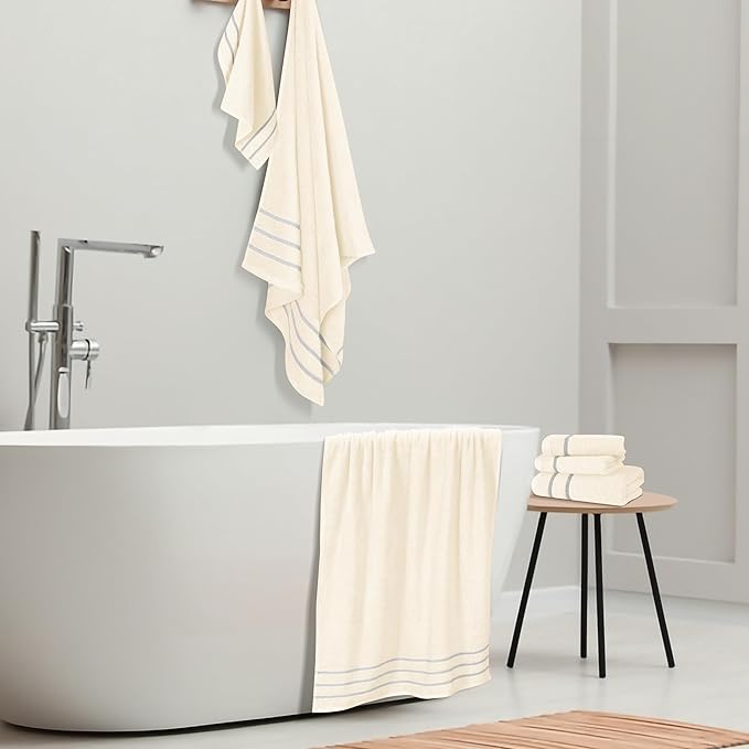 MyOwn Ultra Soft 6 Pack Cotton Towel Set, Contains 2 Bath Towels 28x55 inch, 2 Hand Towels 16x24 inch & 2 Wash Coths 12x12 inch, Ideal Everyday use, Compact & Lightweight - Ivory, 71648