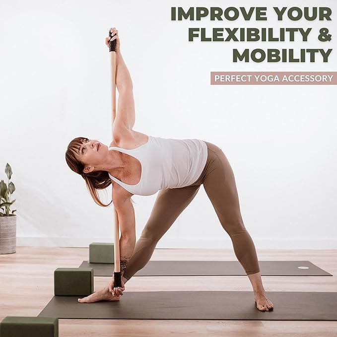 Yoga Stick Made from Natural Bamboo - 5ft Stretching Stick for All Fitness Levels - Stretch Stick with Non-Slip Handles for Mobility, Balance & Physical Therapy - Access 20+ Online Video & PDF Guides