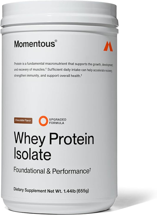 Momentous Essential Grass-Fed Whey Protein Powder - 655 g Whey Isolate Protein - NSF Certified for Sport - Gluten-Free - 25 Servings for Everyday Use - Chocolate - Package May Vary