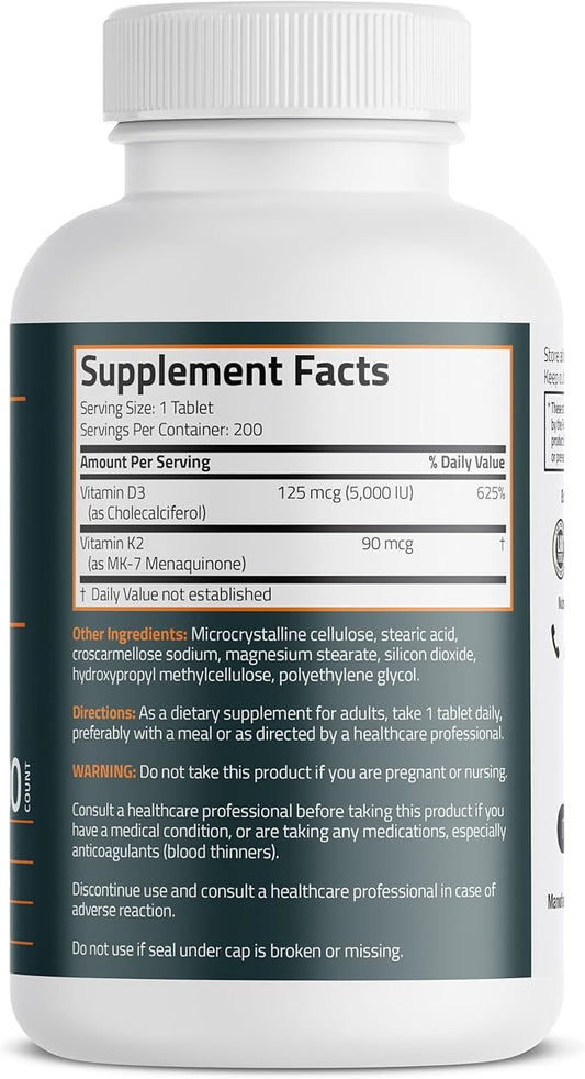 Bronson Vitamin K2 D3 (MK7) Supplement Non-GMO Formula Vitamin D3 5000IU (125 mcg) & 90 mcg K2 MK-7, Easy to Swallow D & K Complex, 200 Tablets