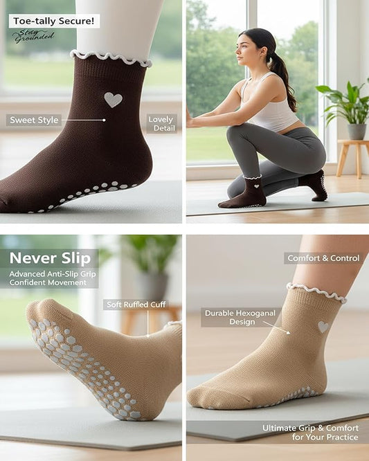 3 Pairs Pilates Socks with Grips Non-slip Ruffle Cute Heart Yoga Grip Sock for Women