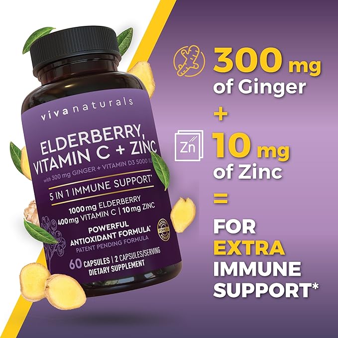 Viva Naturals Black Elderberry with Vitamin C and Zinc for Adults (60 Count) - Sambucus Elderberry Immune Support Supplement, Black Elderberry Capsules for Adults, Elderberry Supplements for Women
