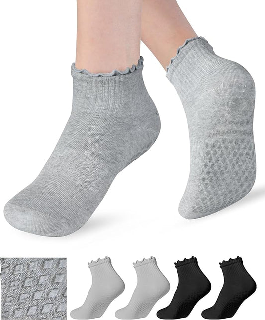 Non Slip Grip Yoga Socks for Women Breathable Cute Ruffle Ankle Socks for Yoga, Pilates, Barre Workouts