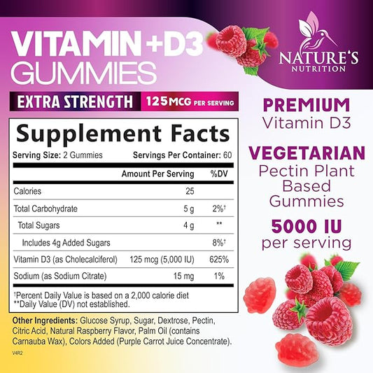 Vitamin D3 Supplement Gummy 5000 IU (125 mcg) Dietary Vitamins D for Men & Women - Bone, Teeth, Muscle and Immune Health Support, High Potency VIT D3 Nature's Non-GMO & Gluten Free - 120 Gummies