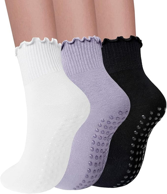 3 Pairs Pilates Socks with Grips for Women Non Slip Grip Ruffle Yoga Ankle Grippy Socks