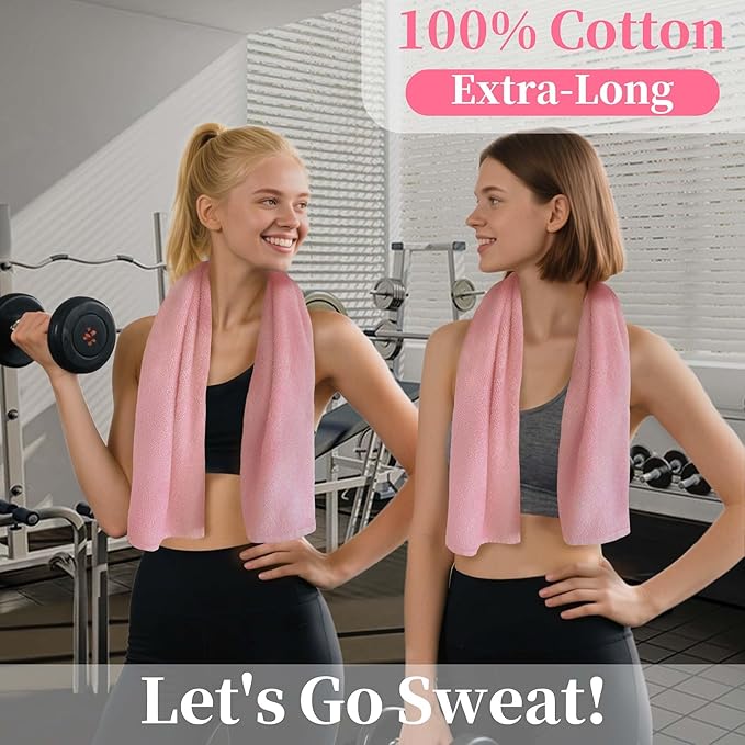 Workout Sweat Towels, Cotton Gym Towels Set of 2, 14"x48" - Absorbent | Breathable | Soft - Sports Towel for Men & Women, Exercise Towel for Yoga, Shower, Tennis, Running & Fitness, Pink