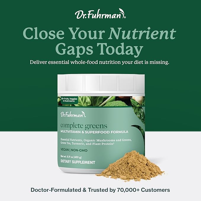 Dr. Fuhrman Whole Food Greens Powder | Premium Greens Superfood Powder Multivitamin | Plant Based Protein for Immune Support & Gut Health | Organic Mushrooms, Greens, & Turmeric | Vitamin B12, D3, K2