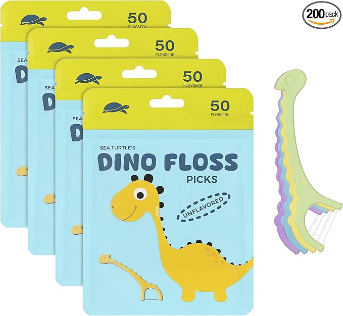 Sea Turtle Kids Dino Floss Picks - Corn Starch Handle - Thin Thread Tooth Dental Flossers - Unflavored (200)