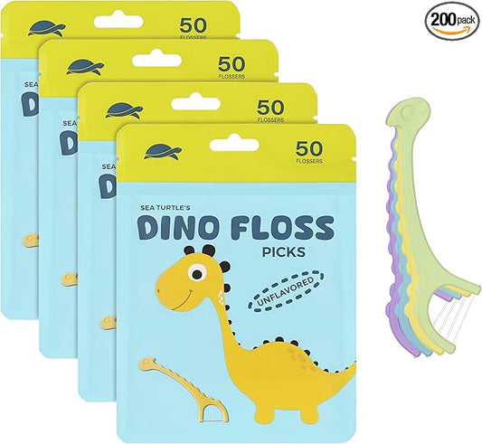 Sea Turtle Kids Dino Floss Picks - Corn Starch Handle - Thin Thread Tooth Dental Flossers - Unflavored (200)