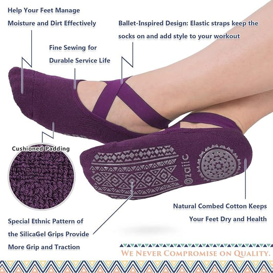 Ozaiic Yoga Socks for Women Non-Slip Grips & Straps, Ideal for Pilates, Pure Barre, Ballet, Dance, Barefoot Workout