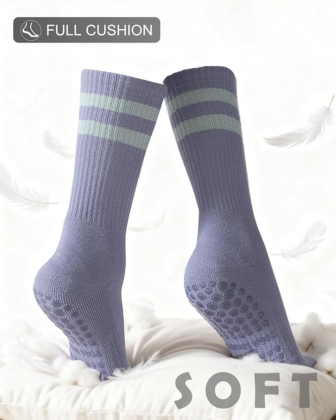 3/4 Pairs Cushioned Pilates Socks for Women, Non Slip Elegant Grip Socks with Silicone,Ideal for Yoga,Hospital & Home