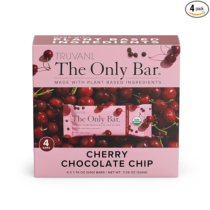 Truvani Plant Based Snack Bars | Cherry Chocolate Chip 4 Pack | 5g Protein | USDA Organic and Vegan | The Only Bar | Dairy, Soy, and Gluten Free | Individually Wrapped