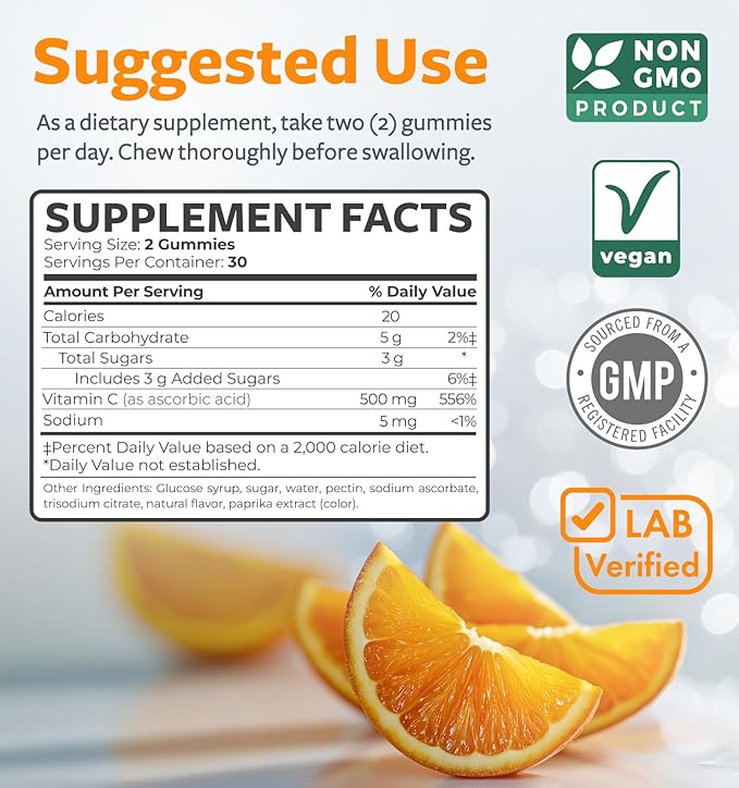 Vegan Vitamin C Gummies for Adults - Immune Support Gummies with Chewable Vitamin C 500mg per Serving for Daily and Seasonal Wellness - High Potency Non-GMO Formula - Orange Flavor (1 Month Supply)