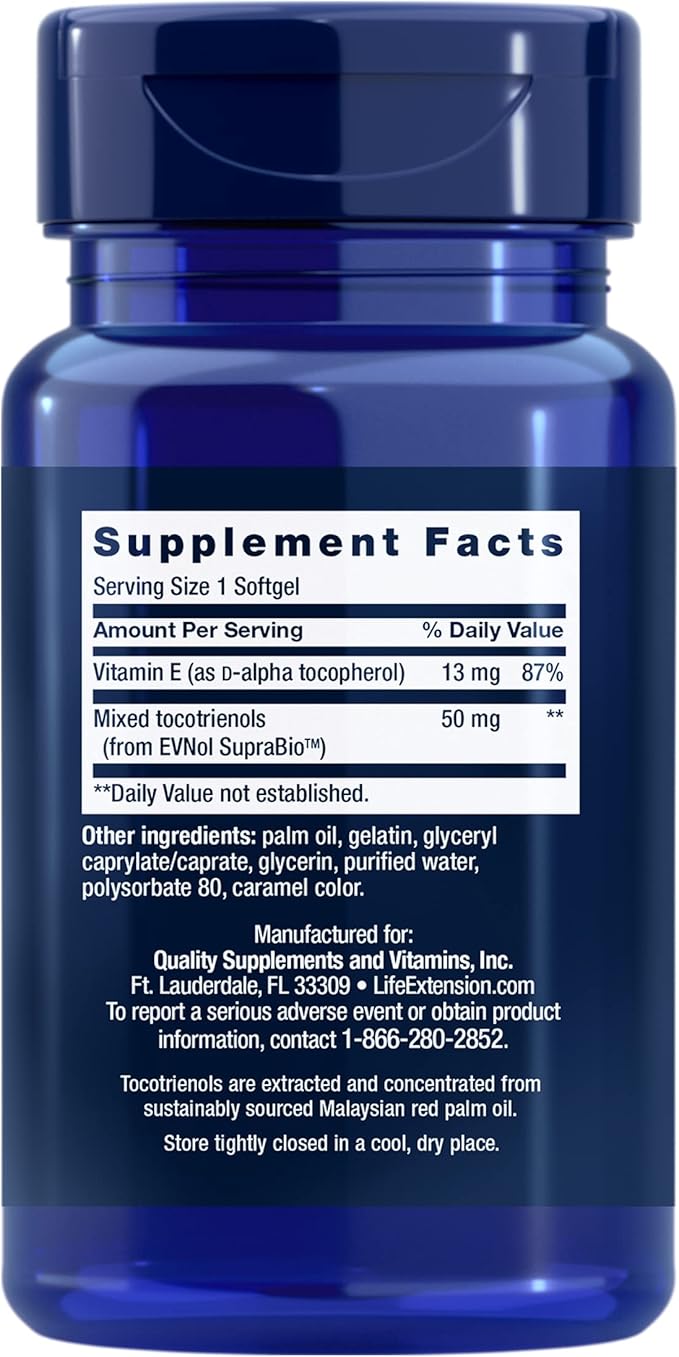 Life Extension Super Absorbable Tocotrienols, Vitamin E as D-Alpha tocopherol, Mixed tocotrienols, Support Hair Growth, Brain Function, Gluten-Free, Non-GMO, 60 softgels