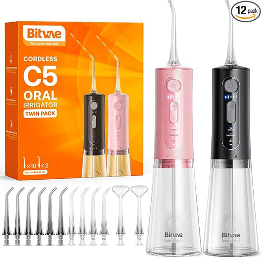Water Dental Flosser Teeth Pick: Bitvae 2 Pack Portable Cordless Oral Irrigator, 3 Modes 5 Intensities, Rechargeable Water Dental Picks for Cleaning with 12 Tips, Travel Irrigation Cleaner for Teeth