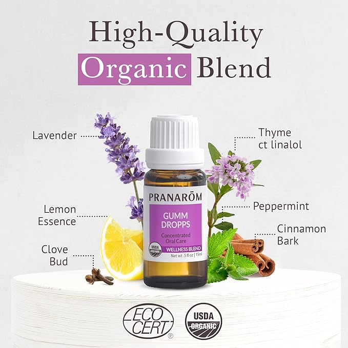 Pranarom - Gumm Dropps Essential Oil for Teeth & Gum Health, Natural Mouthwash for Oral Care, Pure & Organic Essential Oils (Peppermint, Thyme, Clove, Lemon, & Cinnamon), 15 ml