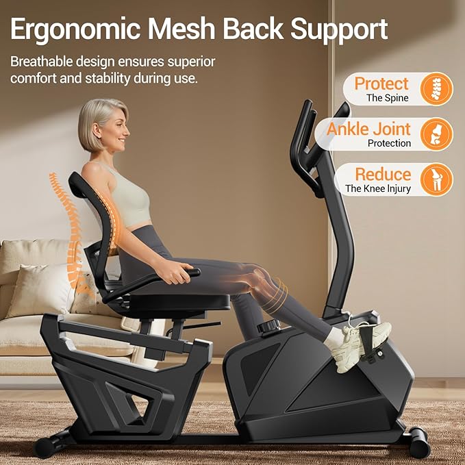 CURSOR FITNESS Recumbent Exercise Bike, Stationary Bikes for Home with Adjustable Seat, 400 LBS Capacity, 16-Level Magnetic Resistance Recumbent Exercise Bike for Home Gym Cardio Workout Training