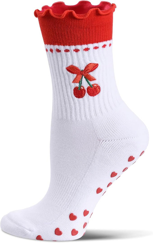 Cute Pilates Socks with Grips for Women Ruffle Cuff Embroidery Non Slip Yoga Socks for Workout, Barre, Pilates Gifts