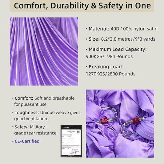 Aerial Silk Set, Premium 9Yards/8.2m Medium Stretch Fabric Silks, Perfect for AntiGravity Hammock Yoga Training & Dance Circus Performances Includes Hardwares & Daisy Chains