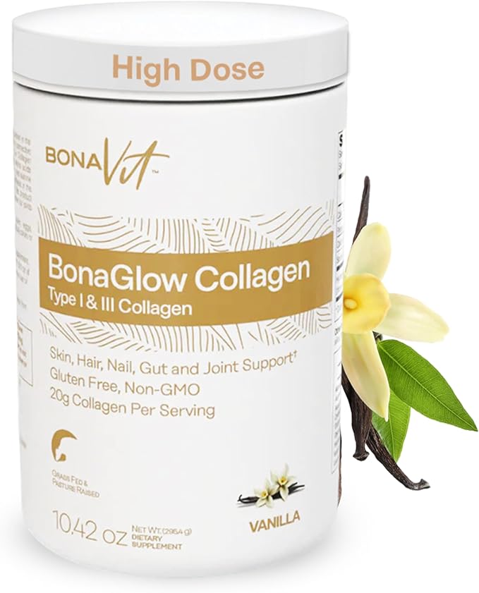 BonaGlow - Hydrolyzed Collagen Powder - Vanilla Flavor - 24 Servings - Type I & III with Vitamin C, Probiotics, and Digestive Enzymes - Skin, Nails, Hair - High Dosis of Collagen & Protein