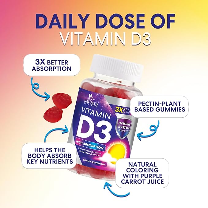 Vitamin D3 Gummy 5000 IU (125 mcg) - Dietary Vitamins D Supplement for Women & Men - Bone, Teeth, Muscle & Immune Health Support, High Potency VIT D3 Nature's Non-GMO & Gluten Free - 120 Gummies