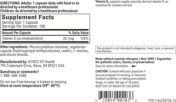 Klaire Labs SFI Health Vitamin D3 1000 IU - High Potency 25 Micrograms, Hypoallergenic Bone & Immune Support (100 Capsules)