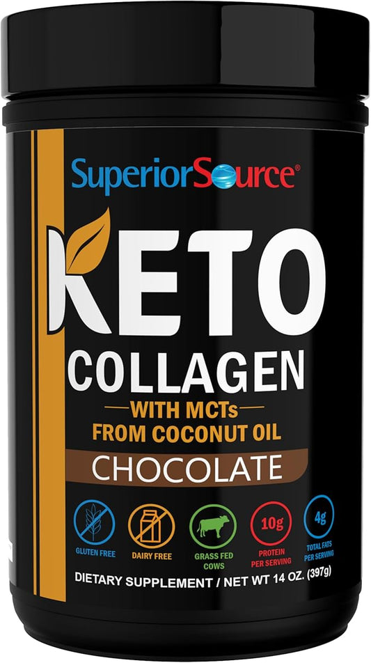 Superior Source Keto Collagen - Collagen Protein Powder with MCT Oil - Supports Hair, Skin, Nails & Joint Health - Dairy-Free - Chocolate, 14 oz