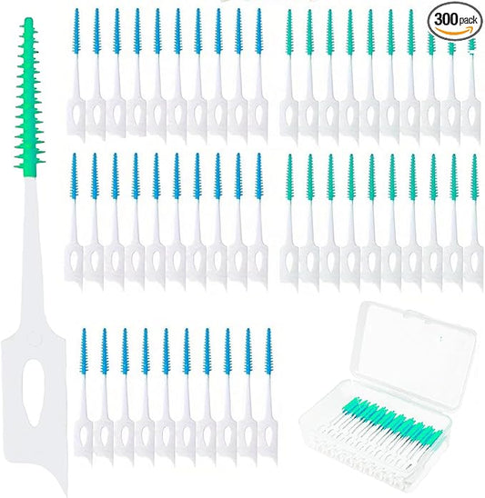 300 Pieces Dual-Use Interdental Brushes Soft Silicone, Disposable Dental Picks,Premium Dental Floss Picks for Effective Teeth Cleaning(200pcs Green+100pcs Blue)