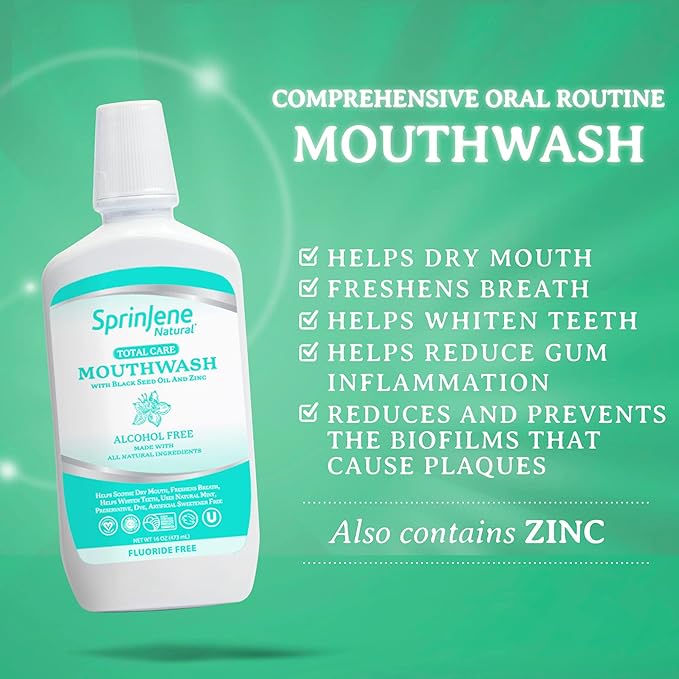 SprinJene Fluoride Free Mouthwash, Alcohol Free for Fresh Breath Gum Health Dry Mouth Whitening Teeth w/Black Seed Oil, Zinc, Xylitol - All Natural Vegan Gluten Free Kosher Halal SLS Free & Non Toxic